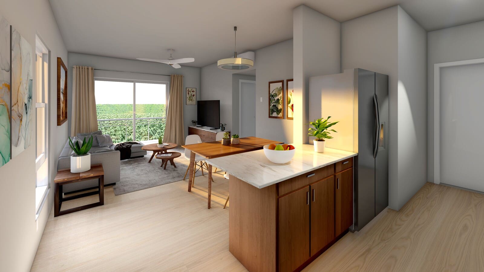 Interior rendering of a Prime Cove apartment living and kitchen area