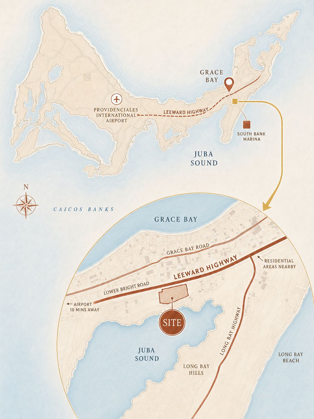 Map showing Prime Cove site location on Leeward Highway in Providenciales, Turks & Caicos