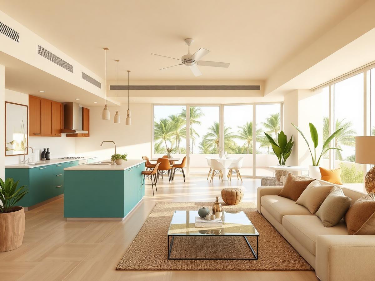 Interior rendering of a Prime Cove apartment living and kitchen area